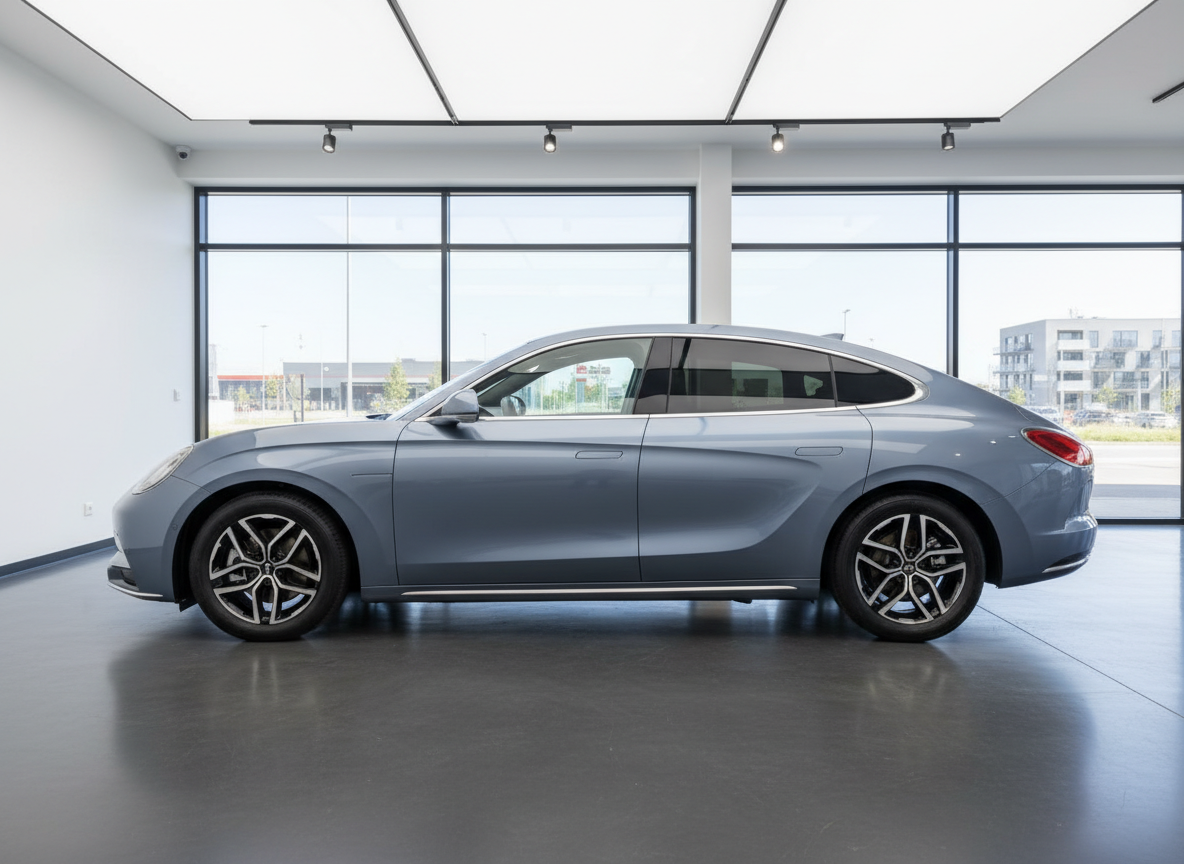 Blaugrauer Elektro-Pkw in modernem Autohaus, Seitenansicht