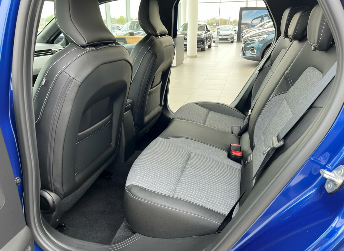 Fahrzeug Innenraum Rücksitzbank mit schwarzen Ledersitzen und grauen Stoffeinsätzen im Autohaus