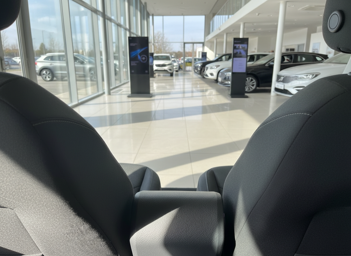 Fahrzeuginnenraum mit schwarzen Stoff-Sitzen im Autohaus-Showroom