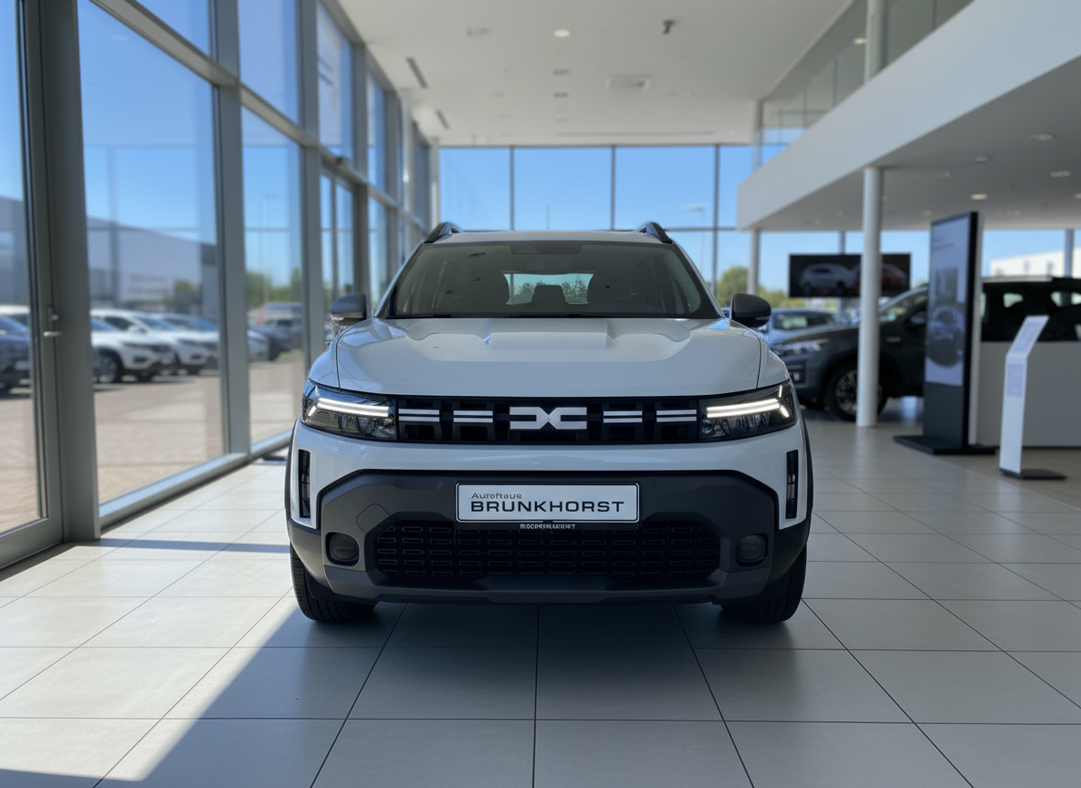 Dacia Duster SUV in Weiß Frontansicht im Autohaus Brunkhorst Showroom