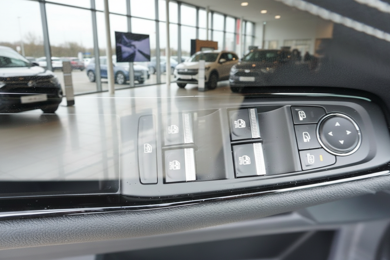 Fahrzeugtür Innenraum mit elektrischen Fensterhebern und Spiegelverstellung im Autohaus