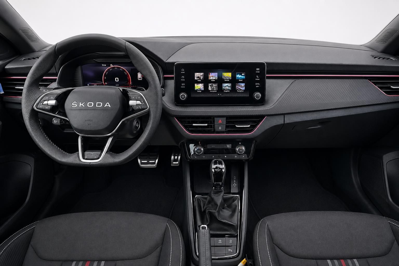 Škoda Cockpit mit Lenkrad und Infotainment-Display im Detail