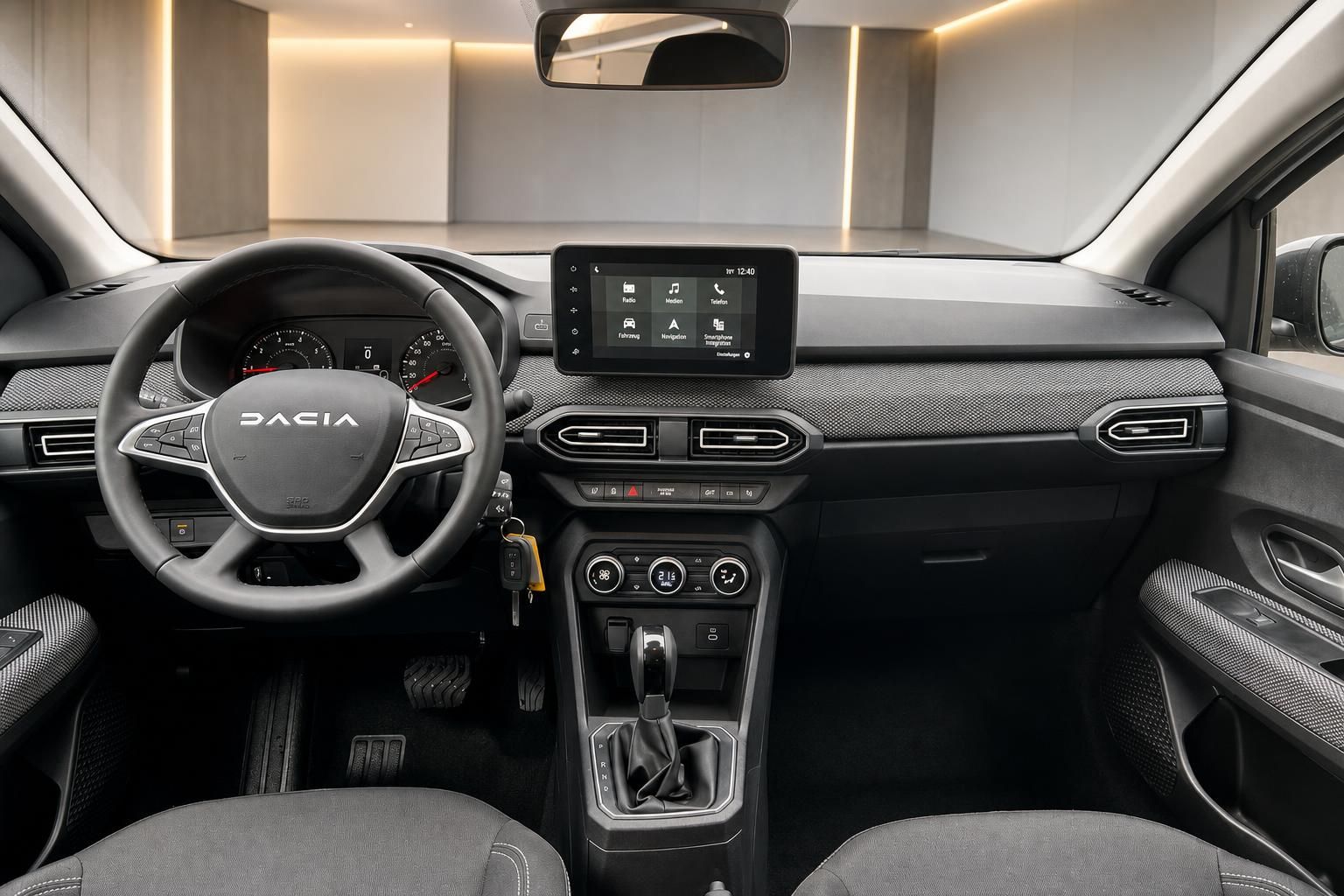 Dacia Cockpit-Übersicht mit Lenkrad, Digital-Display und Mittelkonsole in grauem Design