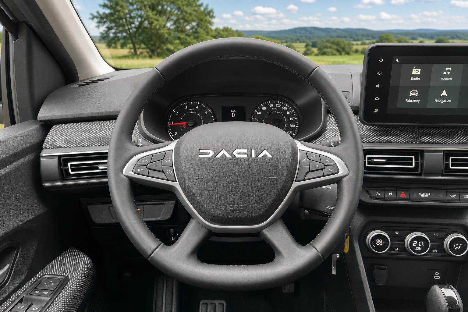 Dacia Innenraum mit Lenkrad, Armaturenbrett und Touchscreen-Display