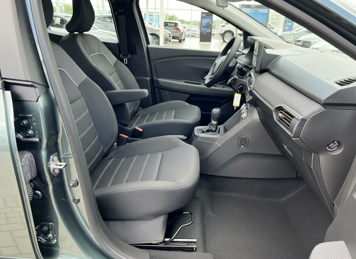 Dacia Jogger Innenraum mit schwarzen Stoffsitzen, Mittelkonsole und Schaltgetriebe