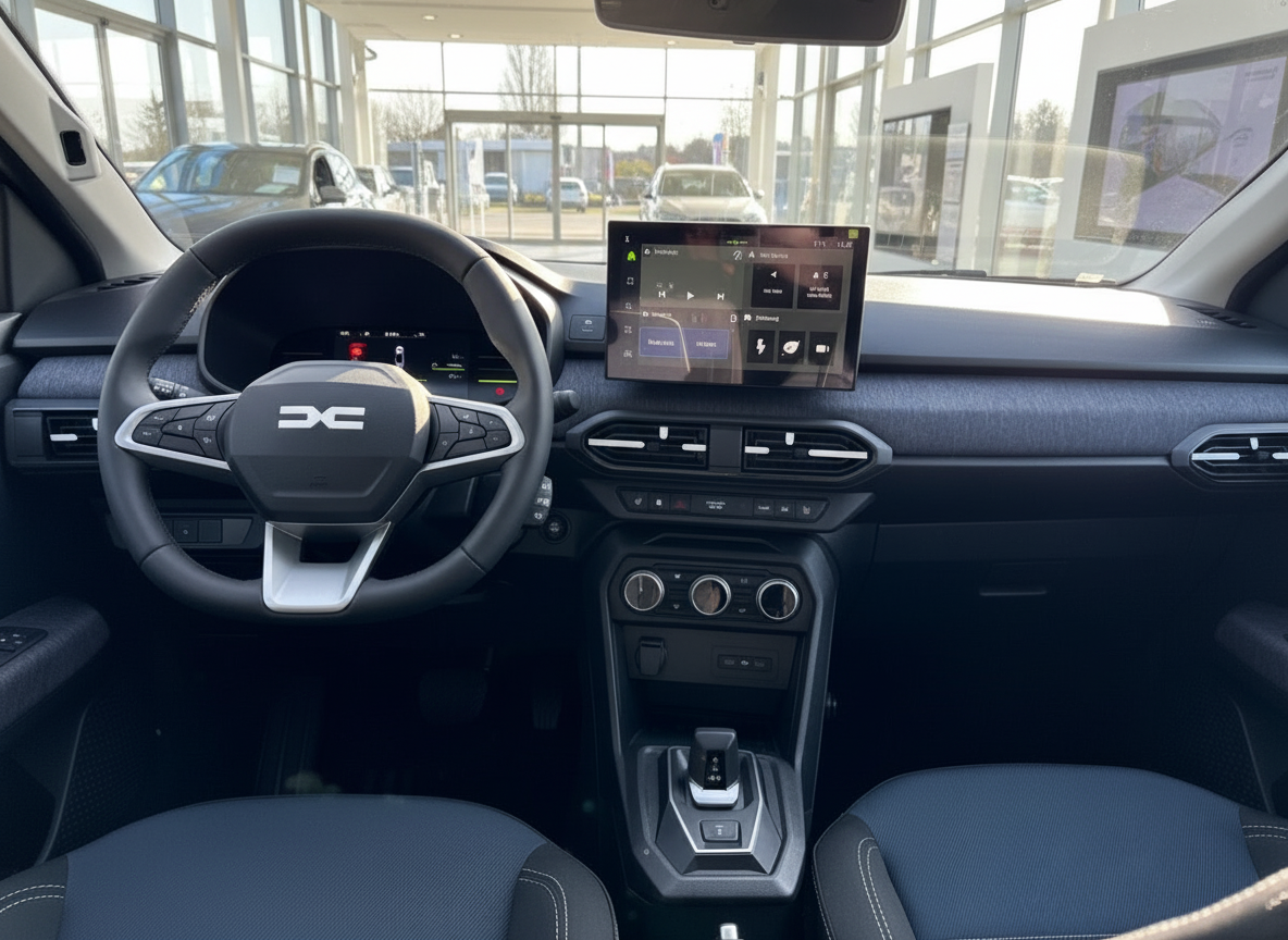 Dacia Innenraum mit Lenkrad, Infotainment-Touchscreen und Mittelkonsole im Autohaus