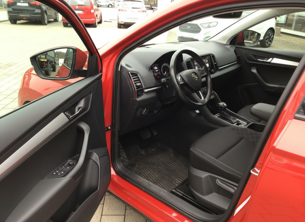 Škoda Karoq rot Innenraum Fahrerseite geöffnete Tür schwarzes Leder Cockpit