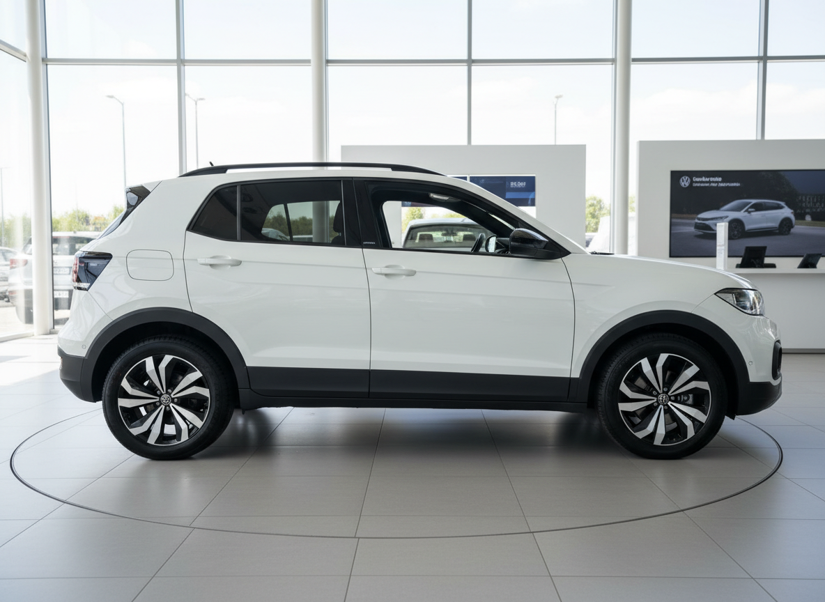Weißer Volkswagen T-Cross SUV Seitenansicht im Autohaus Showroom
