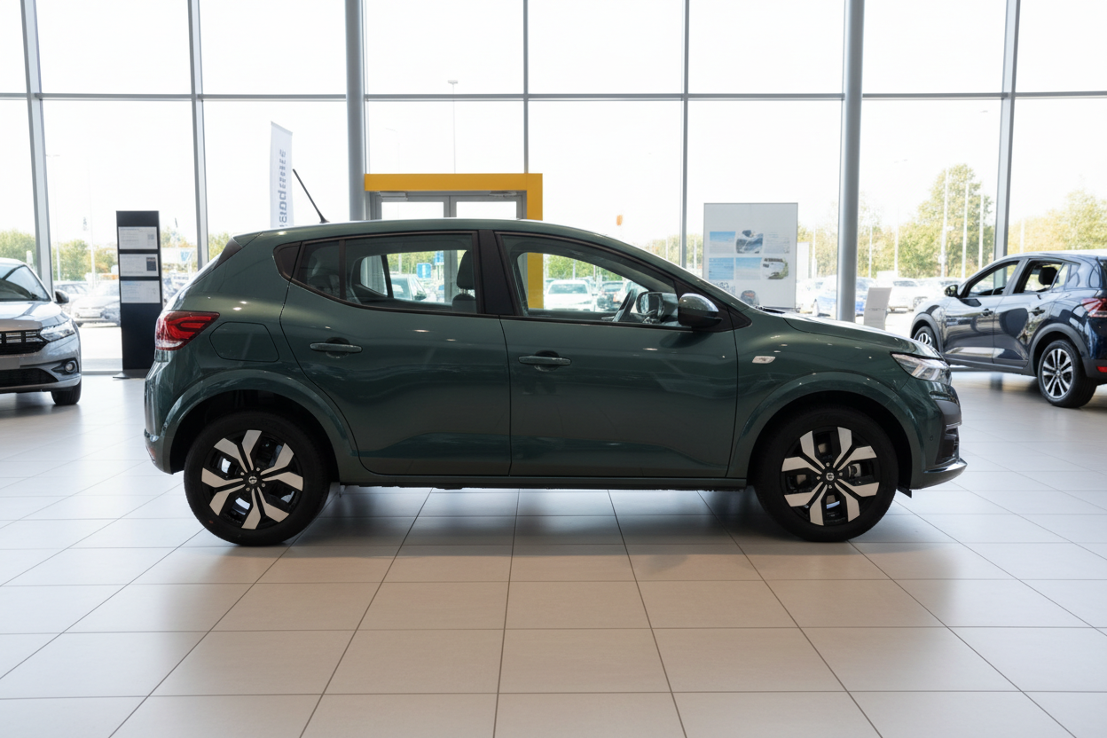 Grüner Dacia Sandero Hatchback in Autohaus-Ausstellung, Seitenansicht