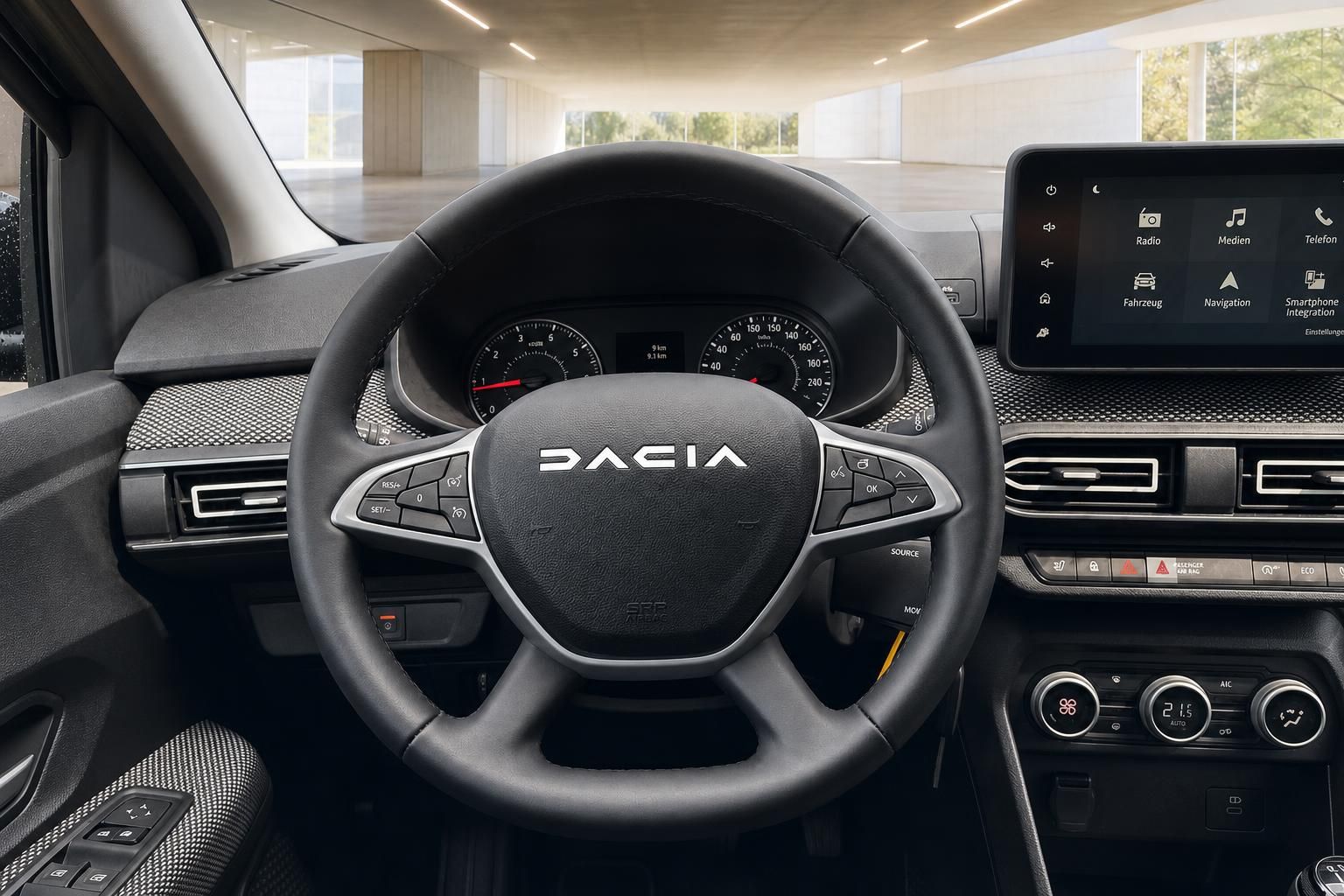 Dacia Fahrerplatz mit Lenkrad, Armaturenbrett und Infotainment-System - Innenraumdetail