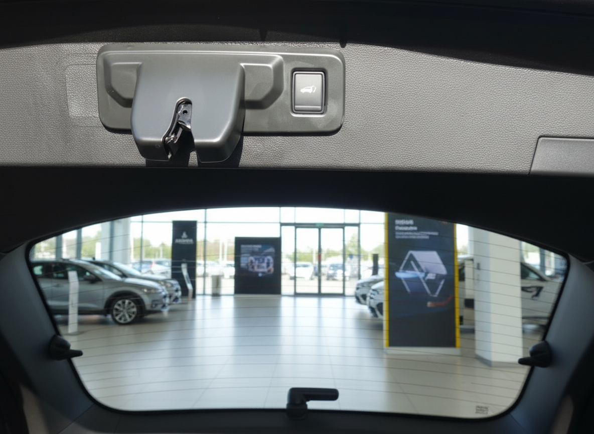 Fahrzeug Kofferraum Innenansicht mit Heckklappe und Schließtaster im Autohaus