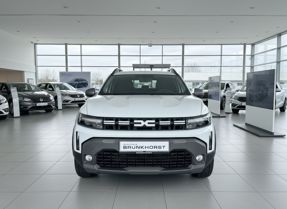 Dacia Duster SUV in Weiß Frontansicht im Autohaus Brunkhorst Showroom