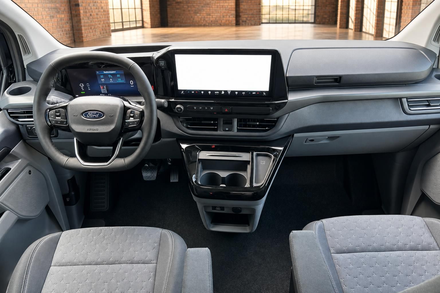 Ford Van Fahrerkabine mit Lenkrad und Touchscreen von vorne
