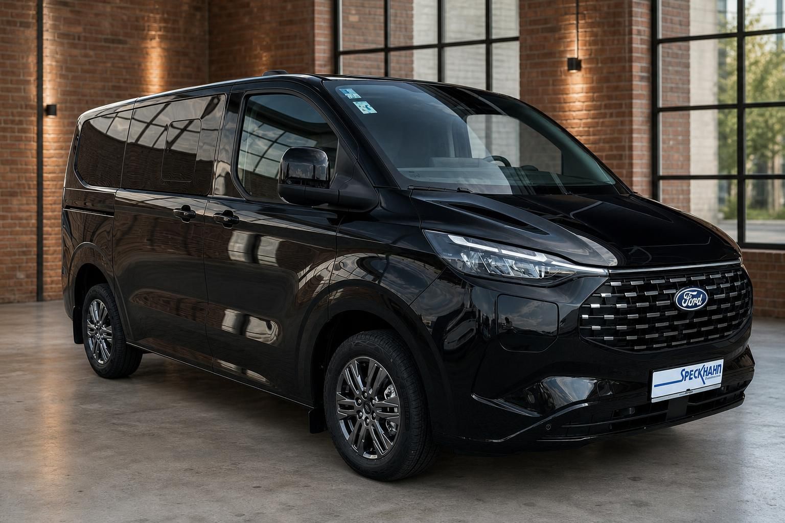 Ford Tourneo Custom schwarz, Frontansicht seitlich in Autohaus-Loft