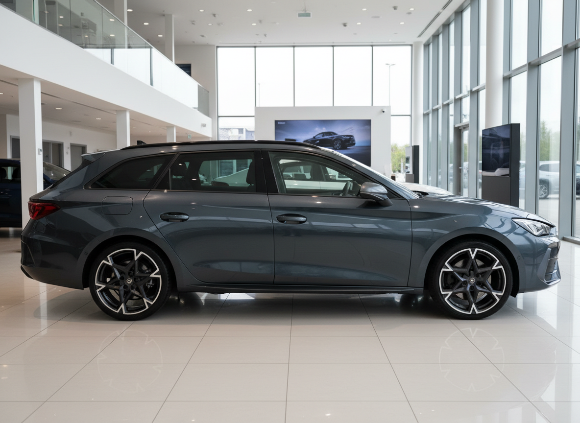 Grauer CUPRA Leon Sportstourer Kombi in Autohaus-Showroom, Seitenansicht
