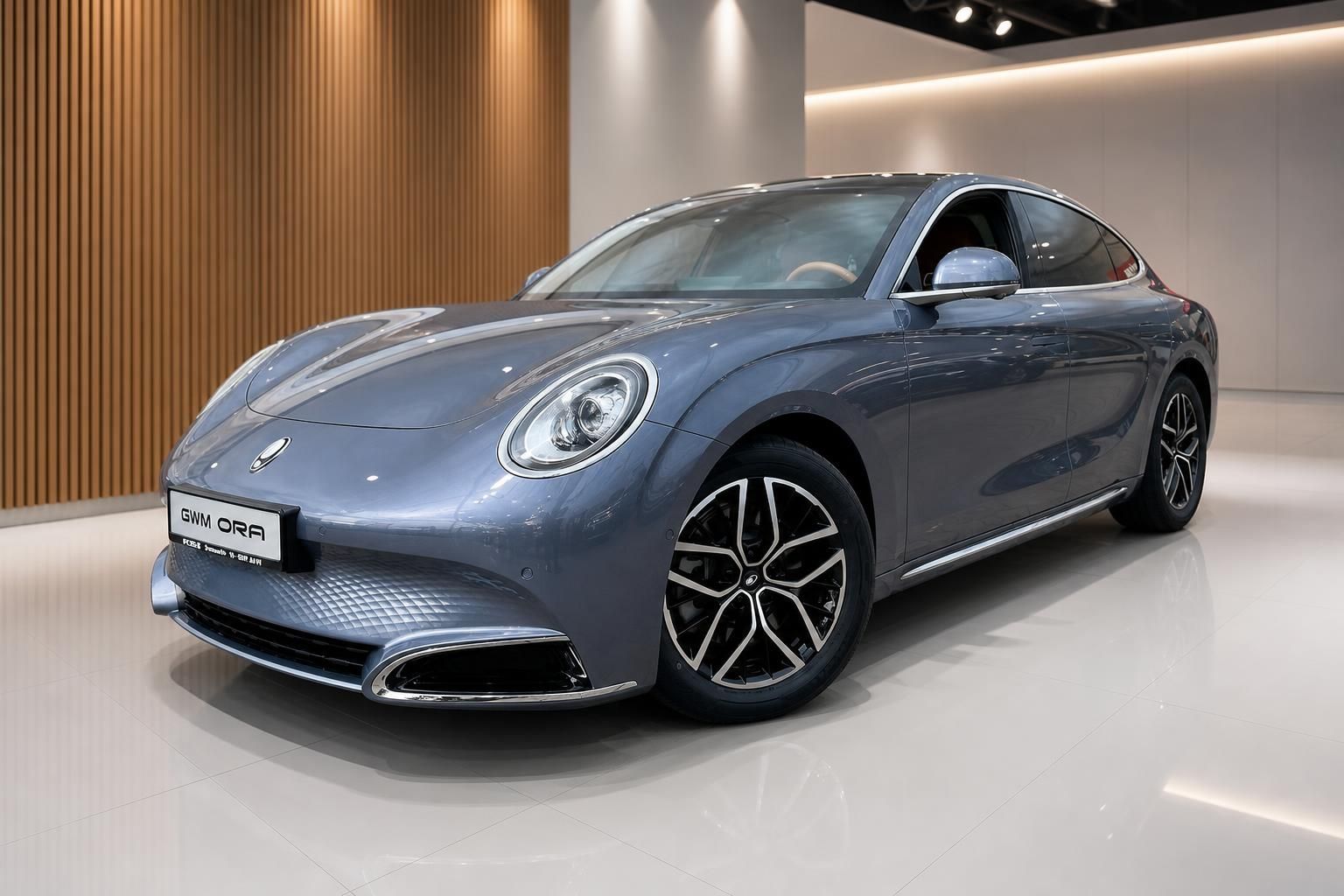 GWM ORA Elektroauto grau – Frontansicht schräg im Showroom mit sportlichem Design