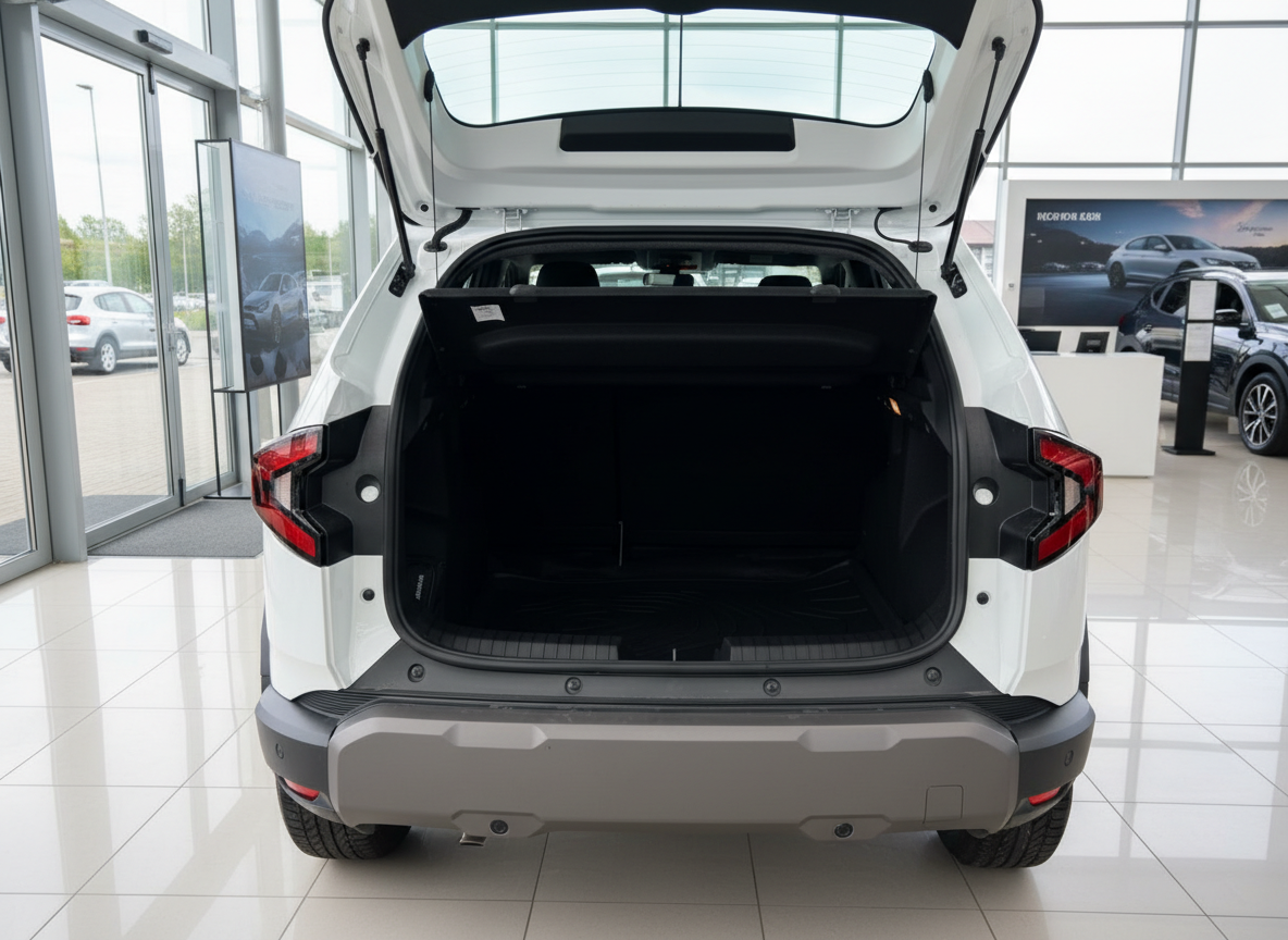 Weißer SUV mit geöffneter Heckklappe im Autohaus – Kofferraum leer und geräumig