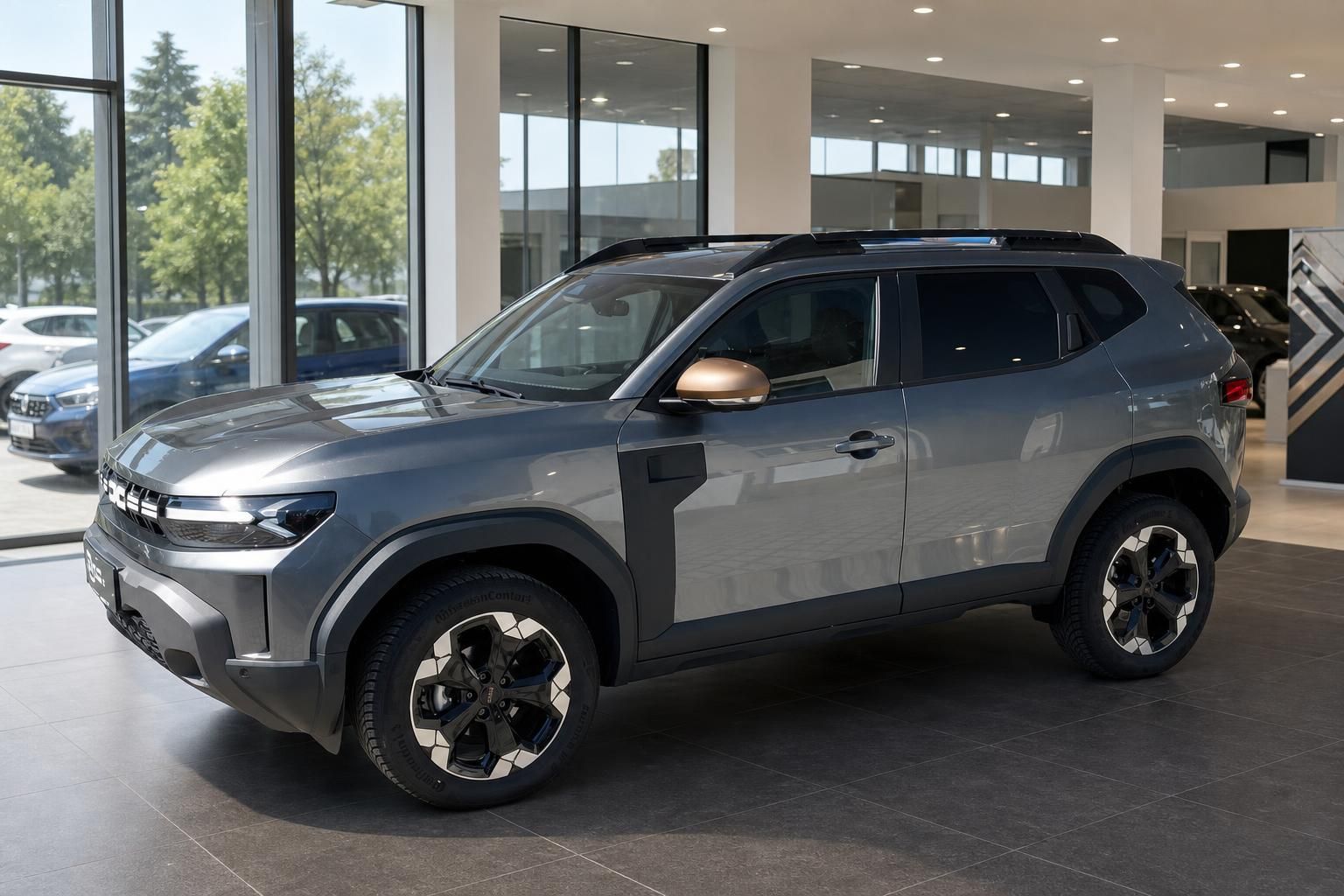 Dacia Duster grau, Frontansicht seitlich im Autohaus