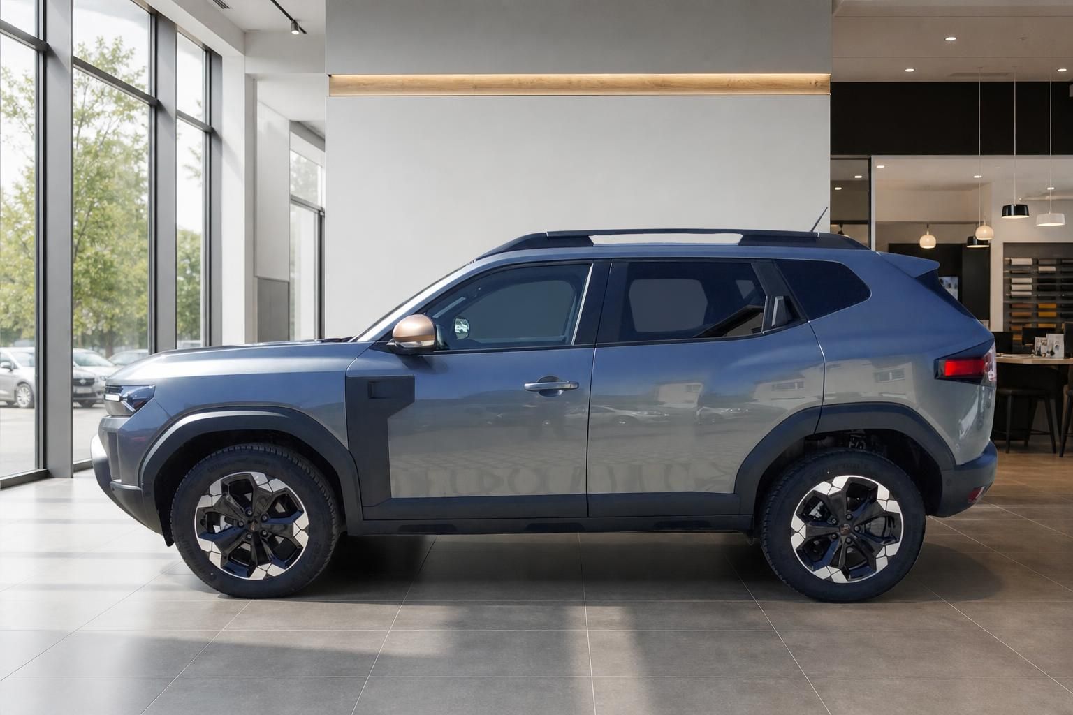 Dacia Duster in Grau, Seitenansicht im Showroom