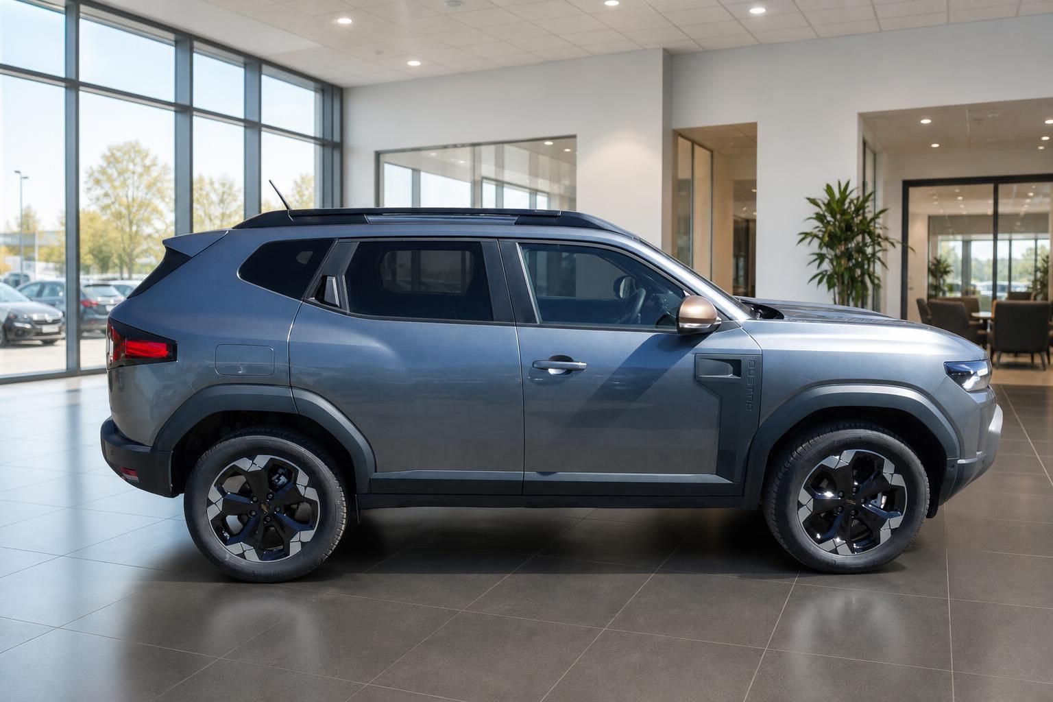 Dacia Duster grau Seitenansicht im Autohaus Showroom praesentiert