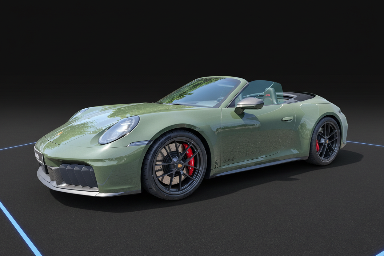 Porsche 911 GTS Cabriolet in Olivgrün metallic mit schwarzen Felgen, roten Bremssätteln und offenem Verdeck – Seitenansicht auf dunklem Studiohintergrund