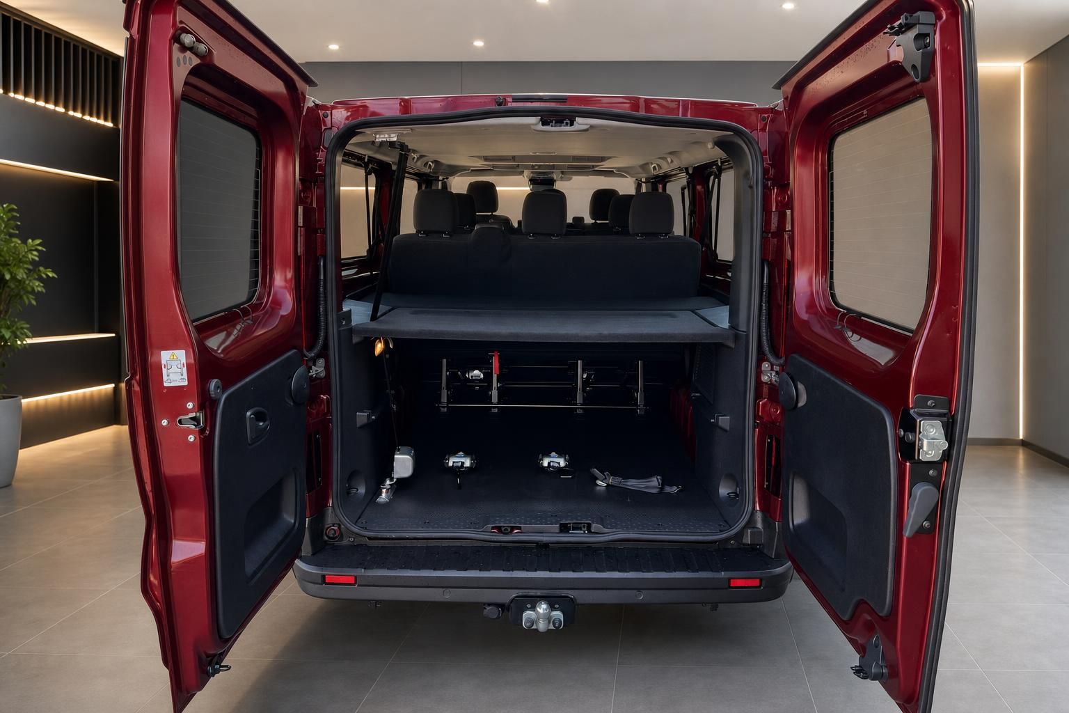 Roter Transporter Kofferraum mit geöffneten Hecktüren und flexibler Sitzbank in modernem Showroom