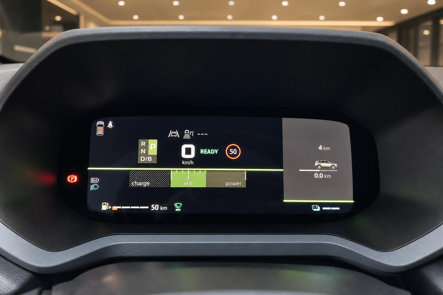 Digitales Kombiinstrument mit Hybrid-Anzeige und Eco-Modus in modernem Elektrofahrzeug
