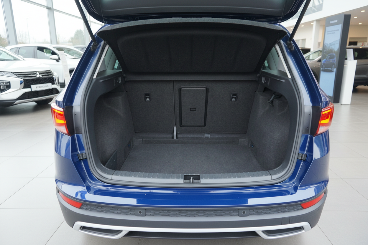 Blauer VW T-Roc SUV Kofferraum geöffnet im Autohaus – geräumiger Laderaum