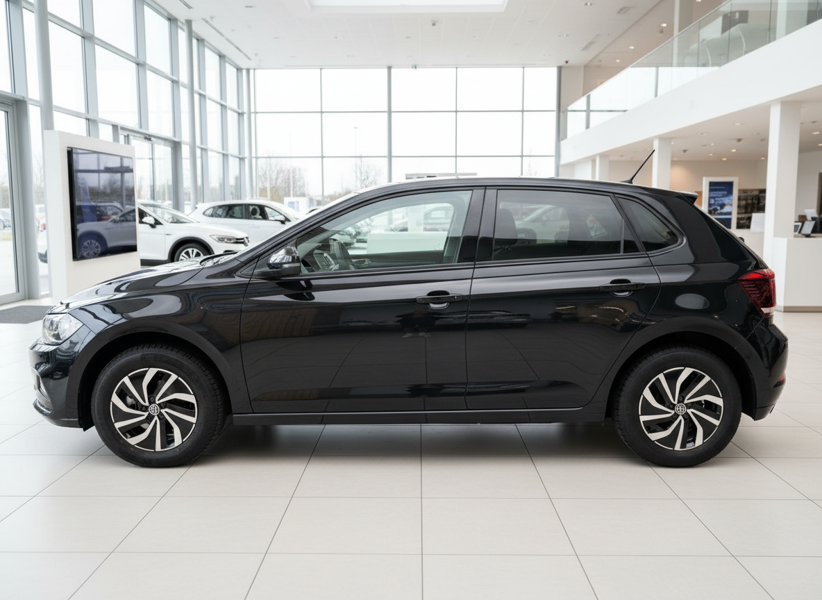 Schwarzer Volkswagen Polo Schrägansicht im VW-Autohaus Showroom
