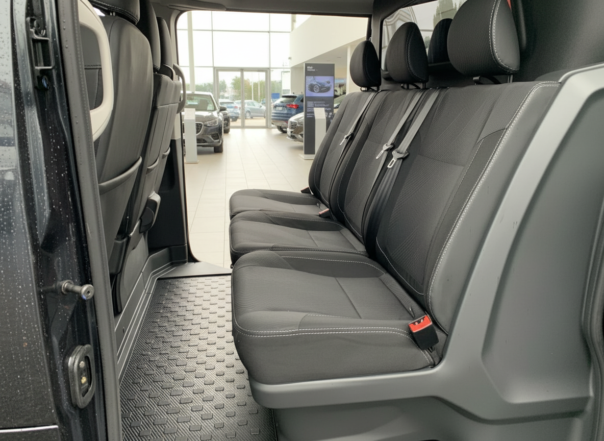 Fahrzeug Innenraum Rücksitzbank schwarz grau mit Sicherheitsgurten im Autohaus