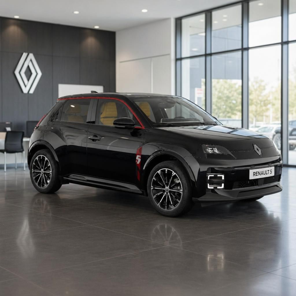 Renault 5 Electric schwarzer Kleinwagen, Seitenansicht im modernen Autohaus