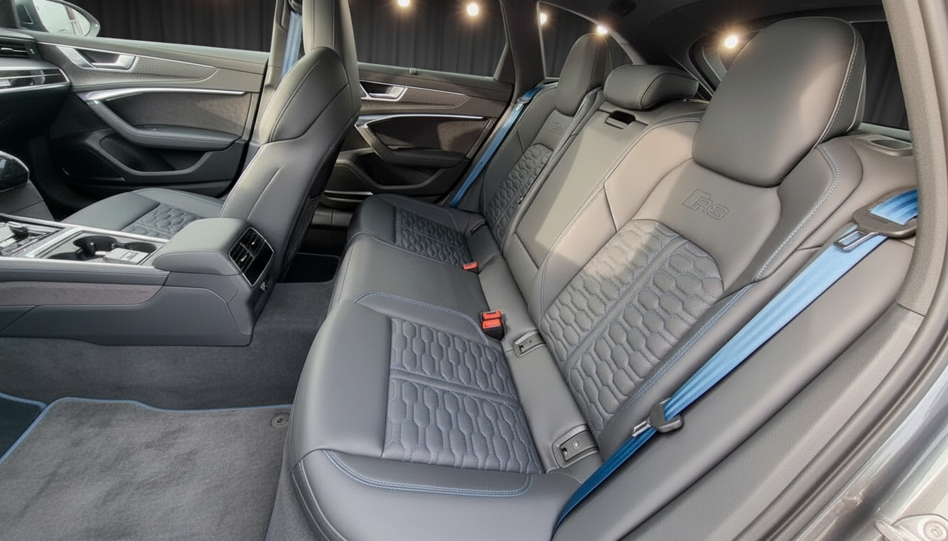 Audi RS Innenraum Rücksitzbank mit Sport-Lederausstattung und blauem Sicherheitsgurt