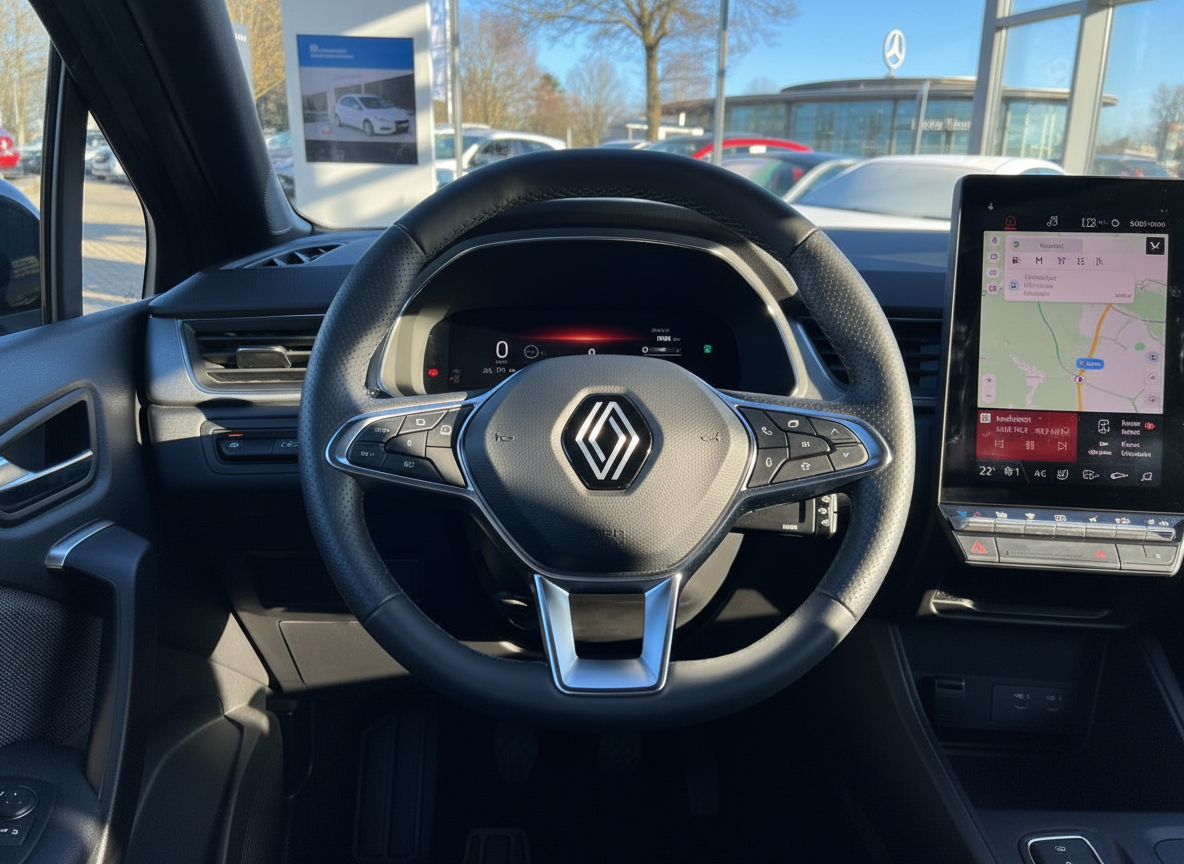 Renault Innenraum mit Lenkrad, digitalem Cockpit und großem Touchscreen-Navigationssystem
