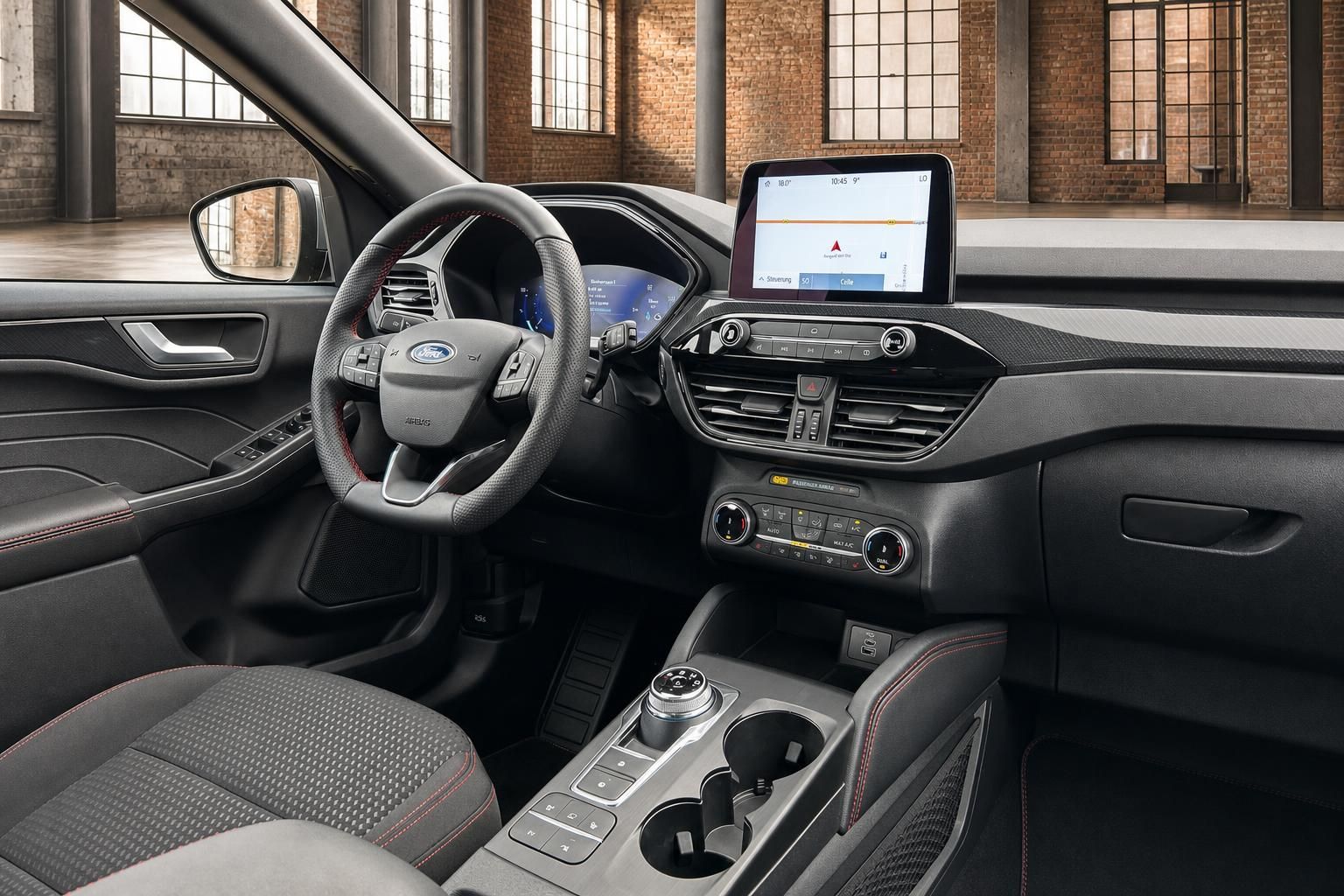 Ford Cockpit mit Lenkrad, Touchscreen Navigation und Mittelkonsole