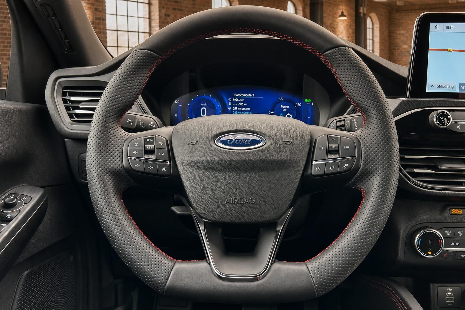 Ford Lenkrad Nahaufnahme mit digitalem Tacho und Bedienelementen