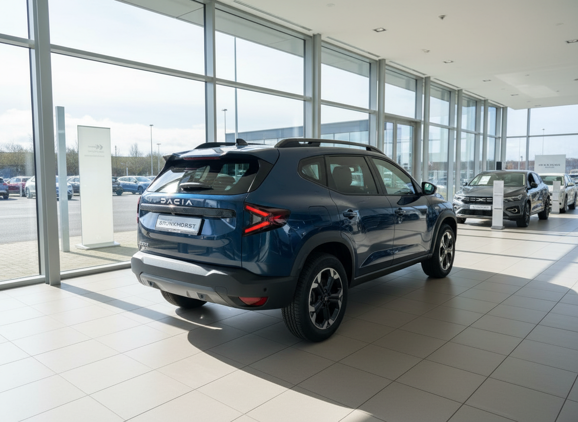 Dacia Duster SUV in Blau von hinten im Autohaus-Showroom