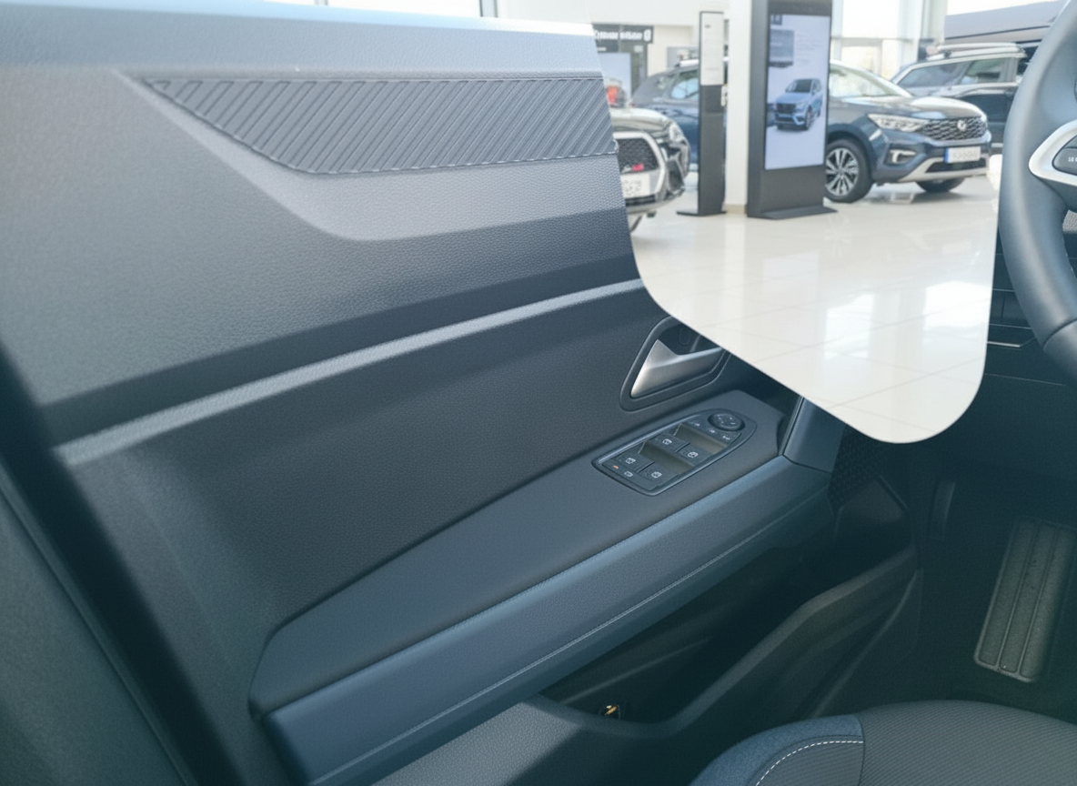 Fahrzeuginnenraum Fahrertür mit Fensterheberschaltern und schwarzem Türpanel in Autohaus