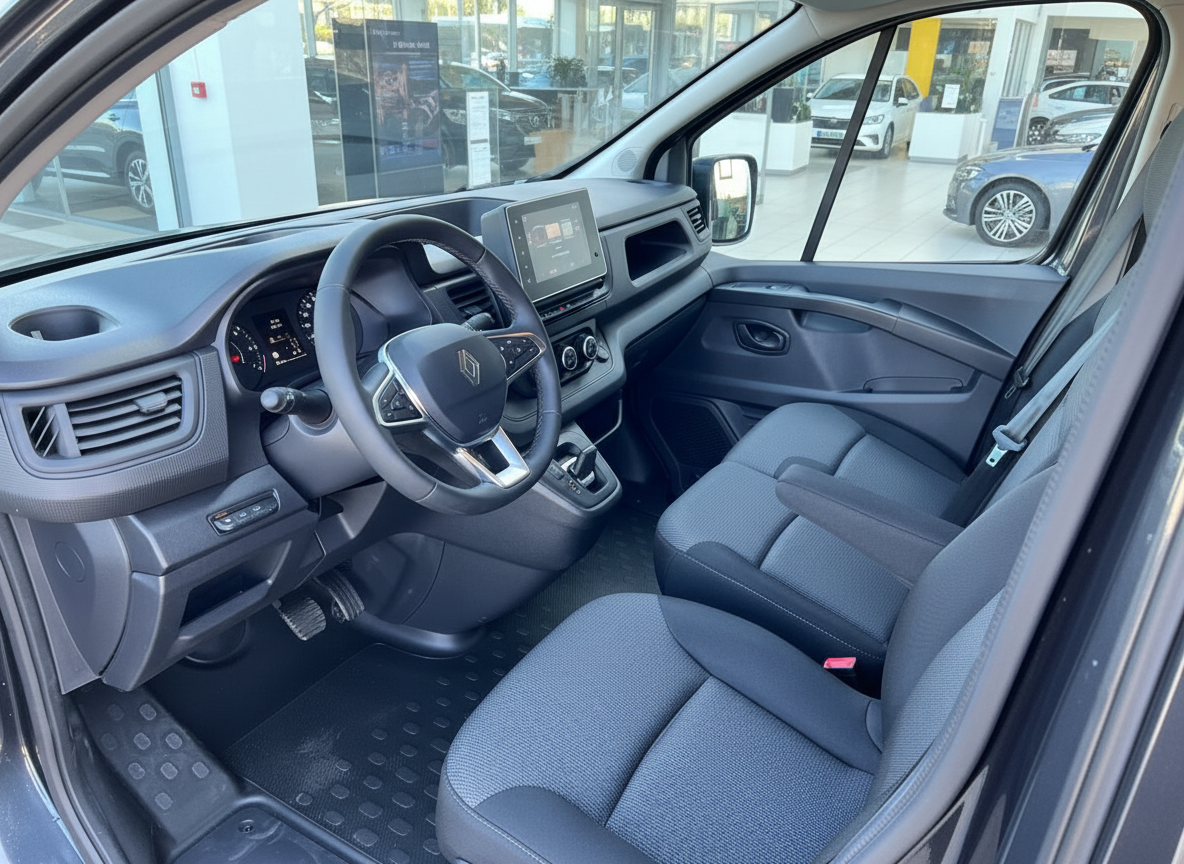 Renault Trafic Innenraum mit Cockpit, Lenkrad und Vordersitzen im Autohaus