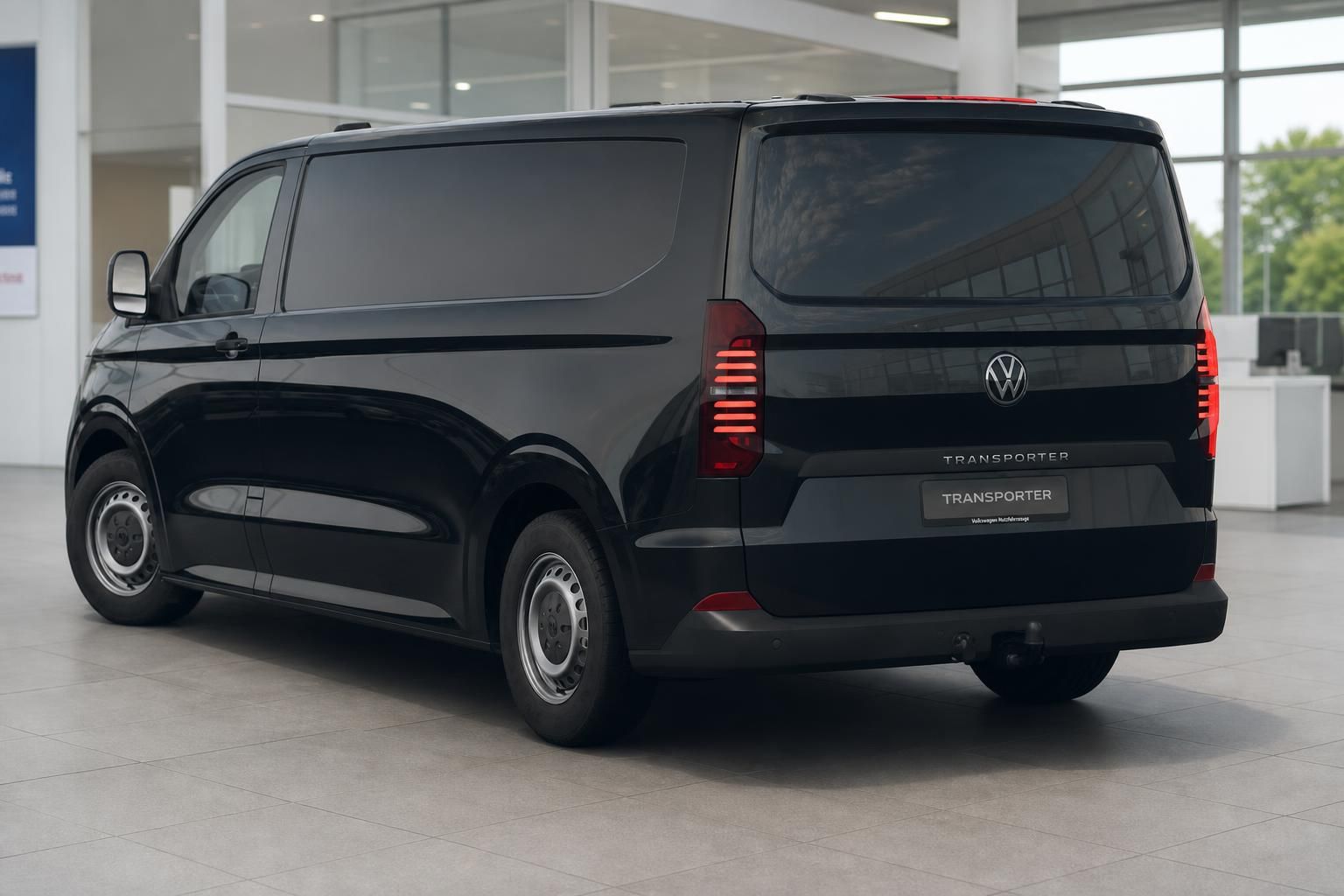 VW Transporter schwarz Heckansicht im Autohaus