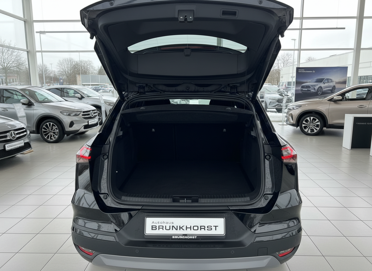Schwarzer SUV mit geöffneter Heckklappe im Autohaus Brunkhorst – geräumiger Laderaum