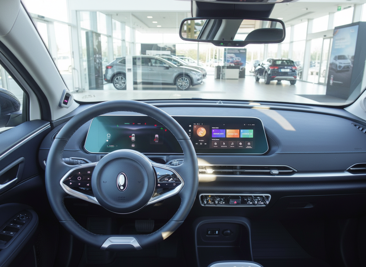 Modernes Fahrzeug-Cockpit mit digitalem Kombiinstrument und großem Infotainment-Touchscreen im Autohaus