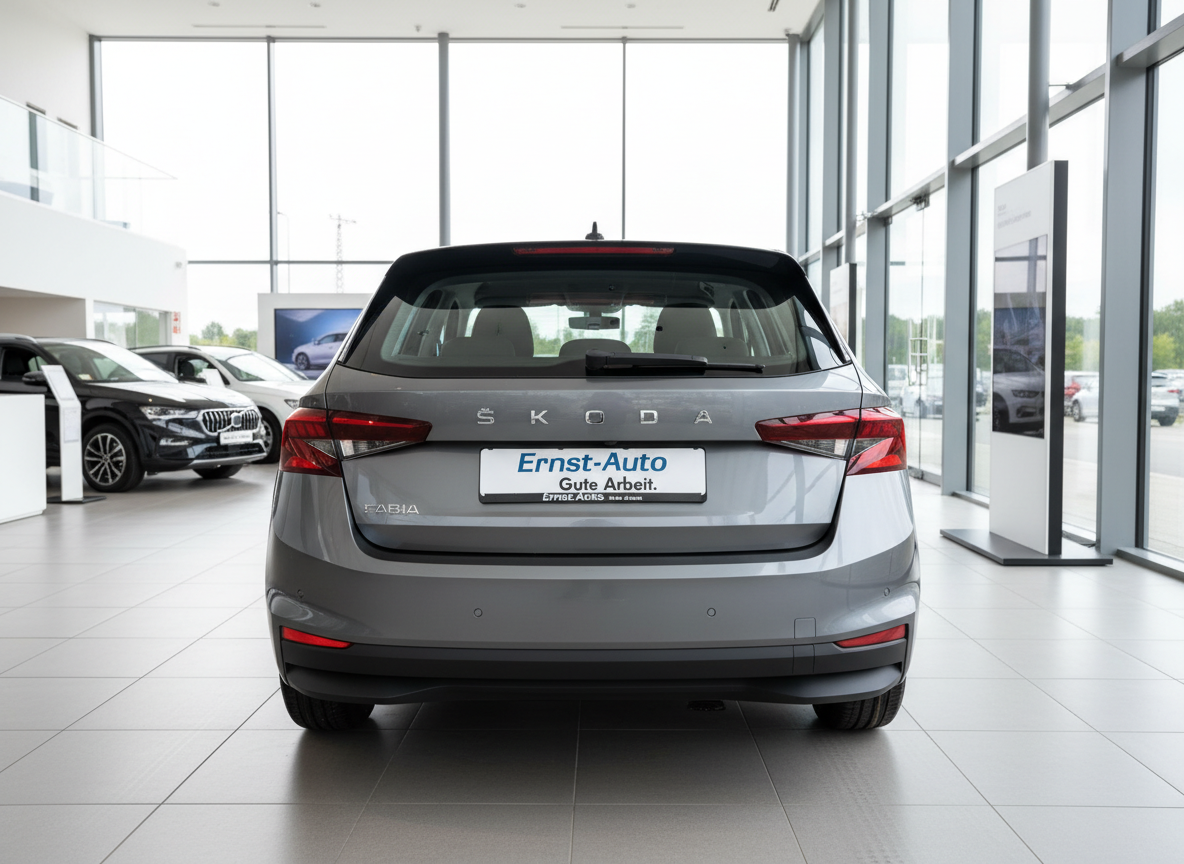 Škoda Fabia grau Heckansicht im Autohaus Ernst-Auto Showroom