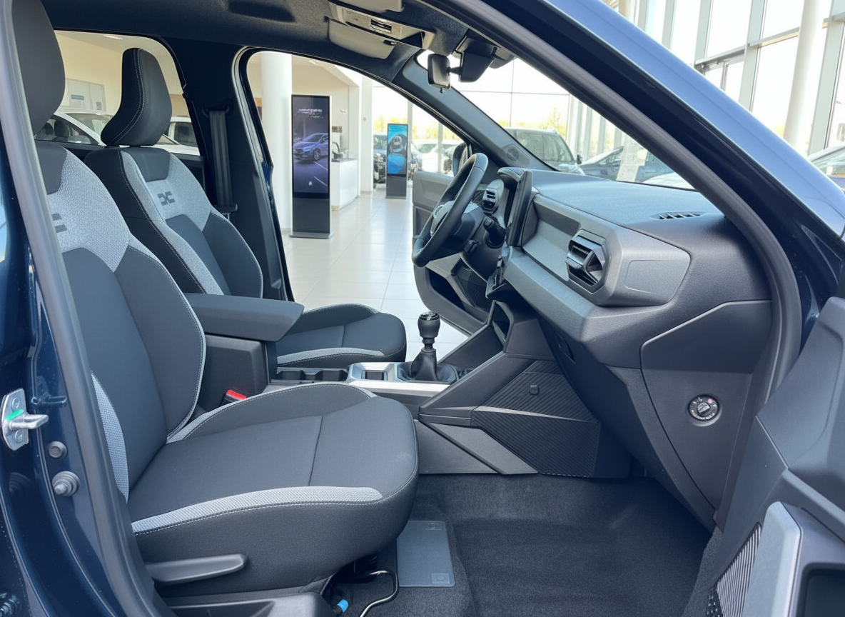 Dacia Innenraum mit schwarzen Sportsitzen, Mittelkonsole und Armaturenbrett in modernem Autohaus