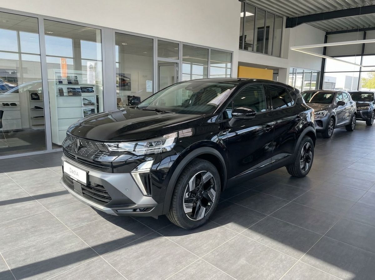 Schwarzer Renault Symbioz SUV im Autohaus Showroom – Frontansicht schräg