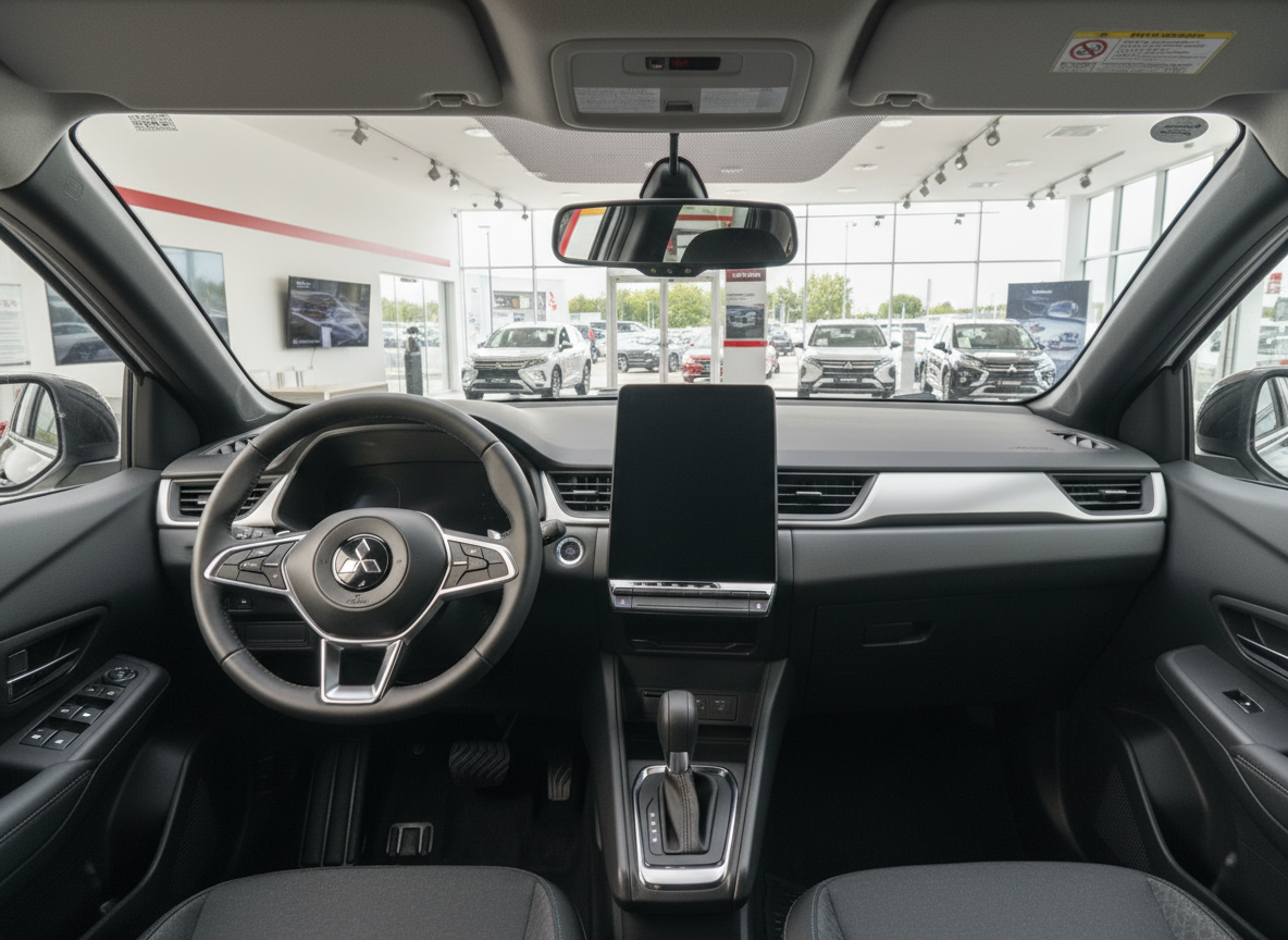 Mitsubishi Innenraum mit Lenkrad, Touchscreen und Automatikgetriebe im Autohaus