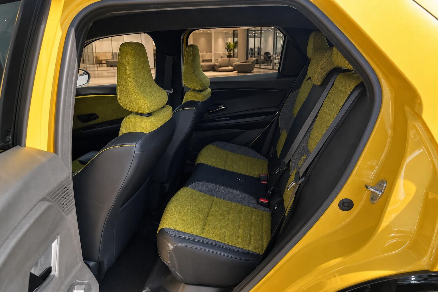 Rücksitze im Renault 5 mit gelb-schwarzem Sitzbezug im Detail