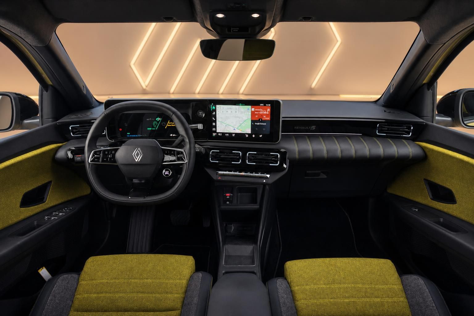 Renault 5 Cockpit mit Lenkrad und Infotainment-Display Innenansicht