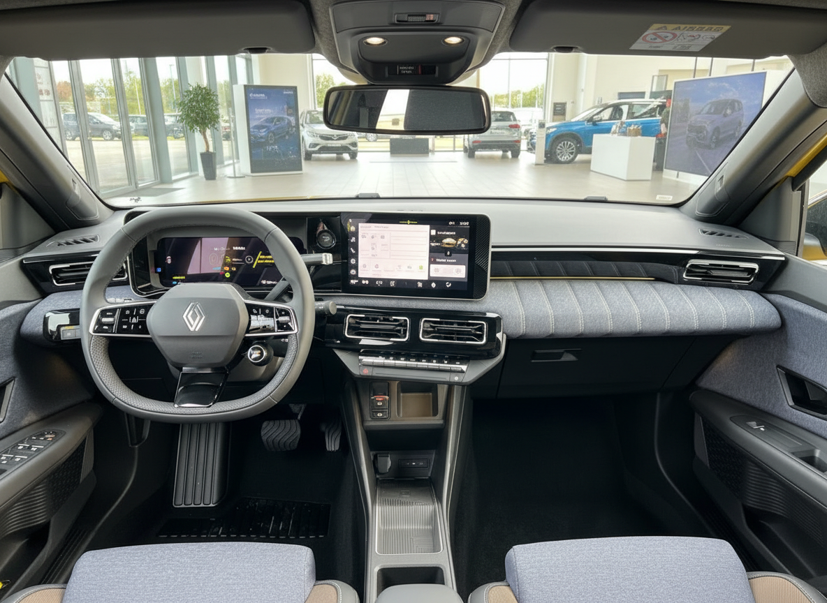 Renault Megane E-Tech Innenraum Cockpit mit digitalem Tacho und Infotainment-Display im Autohaus
