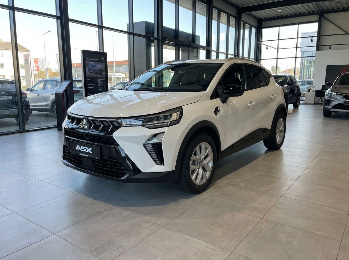 Mitsubishi ASX SUV in Weiß im Autohaus-Showroom – Frontansicht