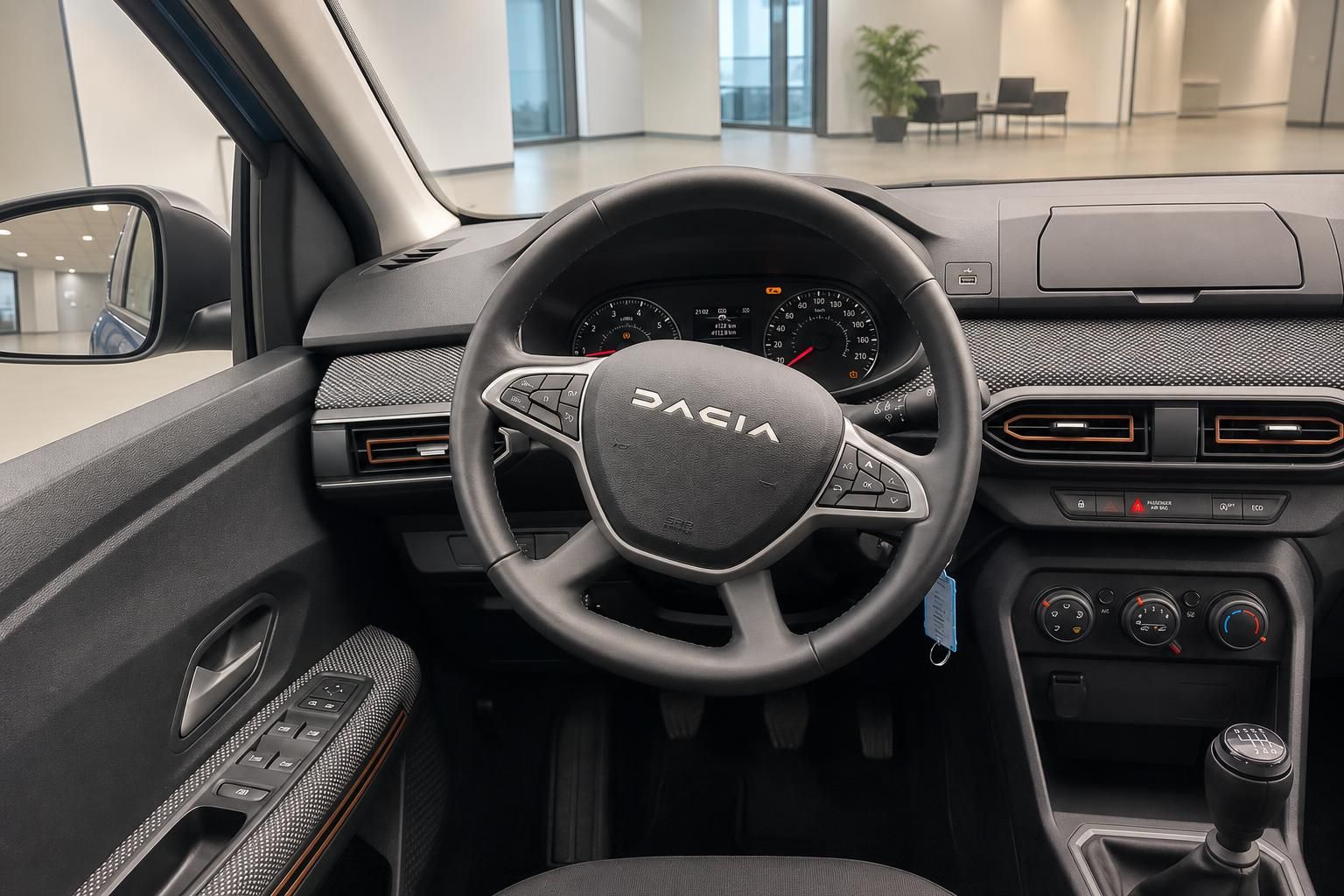 Dacia Cockpit mit Lenkrad, Tacho und Schaltung im Detail